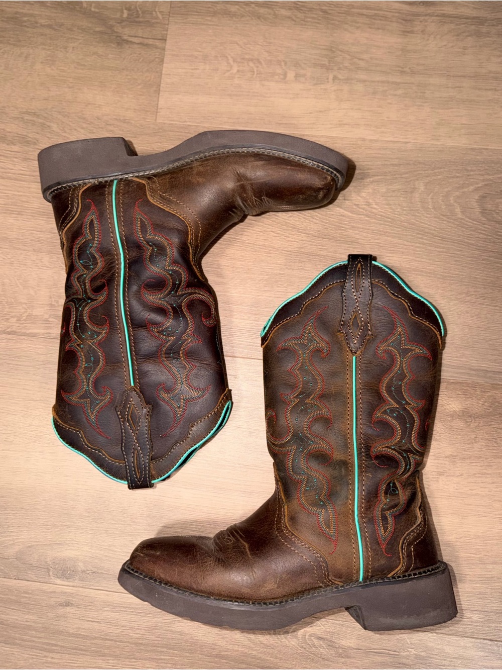 Justin Boots Brown Leather Women's Western Boots with Turquoise Trim